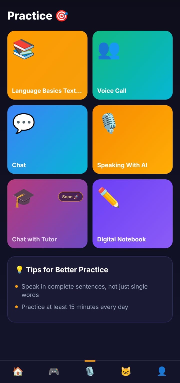 Zolttalk practice screen with voice call, chat, AI speaking, and notebook