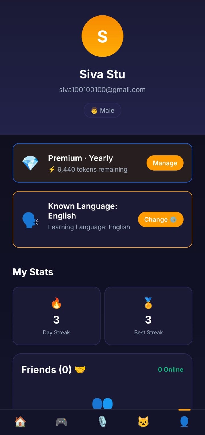 Zolttalk profile screen showing streaks and progress